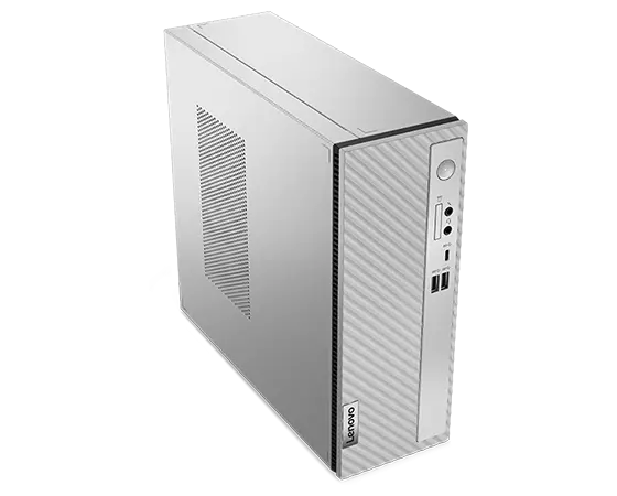 Aerial view of right-side-facing Lenovo IdeaCentre 3i Gen 8 (Intel) family desktop tower, showing front ports, top panel & left-hand panel