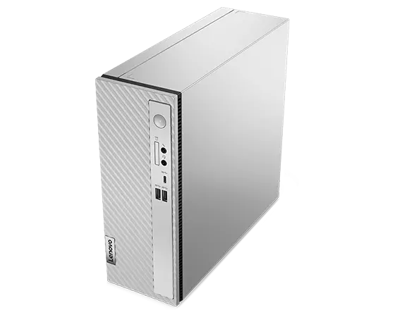 Aerial view of side-facing Lenovo IdeaCentre 3i Gen 8 (Intel) family desktop tower, showing front ports, top panel & right-hand panel