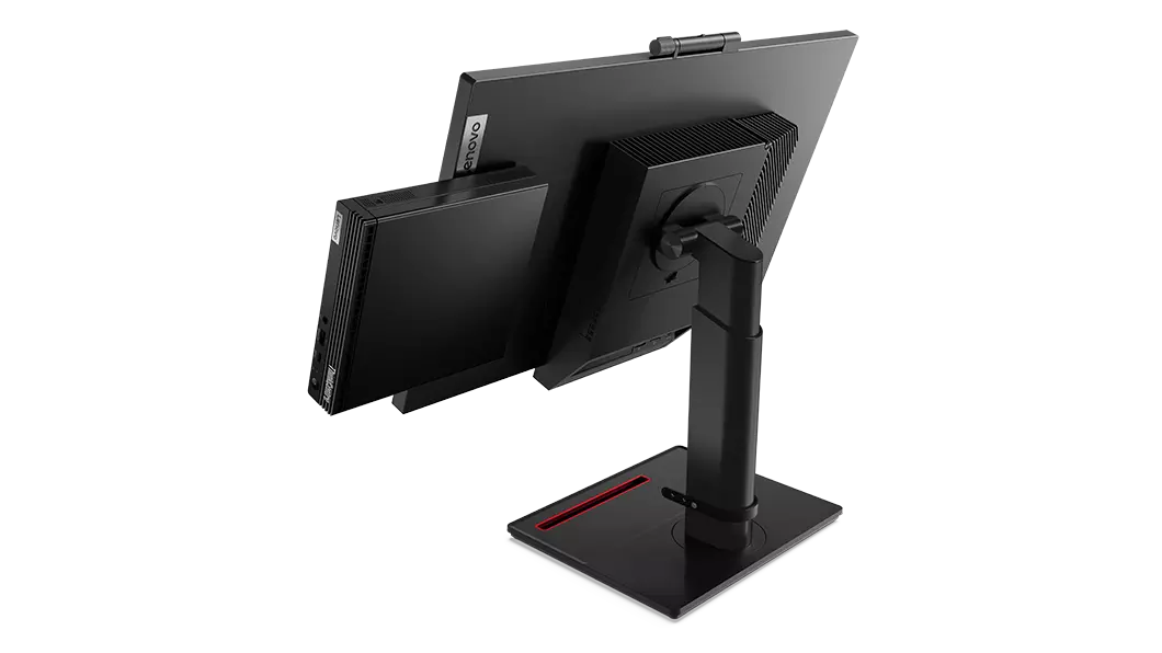 Vue arrière du Lenovo ThinkCentre M75q Gen 2 fixé à un moniteur