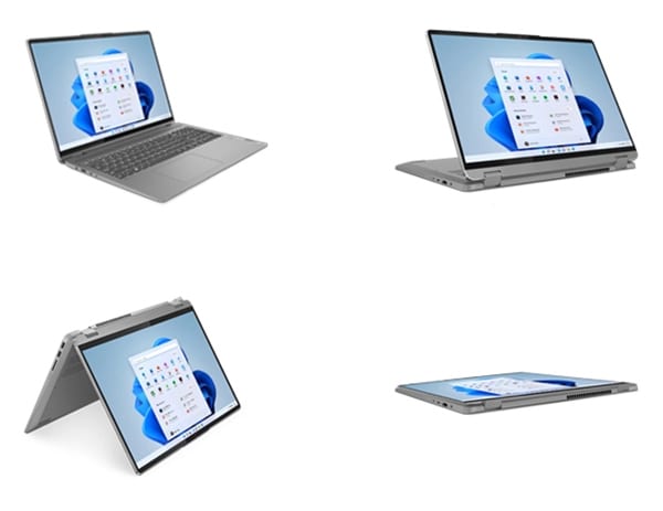 IdeaPad Flex 5 Gen 8 laptop four modes of use: traditional, tent mode, presentation mode and tablet mode