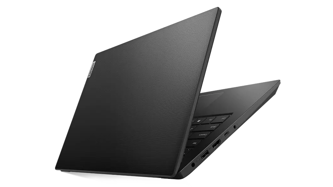 Rear view of Lenovo V14 Gen 3 (14, Intel) laptop, opened 45 degrees in a V-shape, showing top cover, part of keyboard, and ports