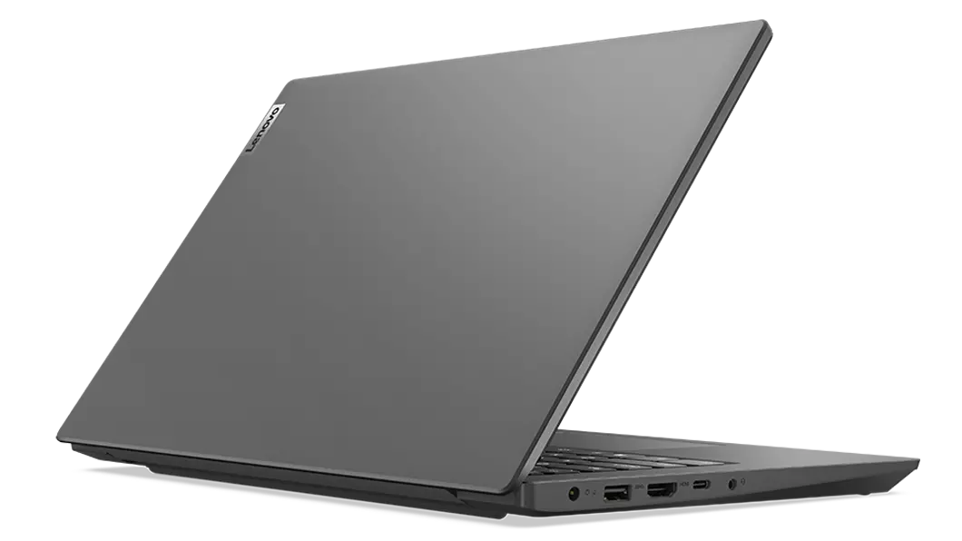 Rear view of left side of Lenovo V14 Gen 3 (14, Intel) laptop, opened 45 degrees, showing top cover and part of keyboard
