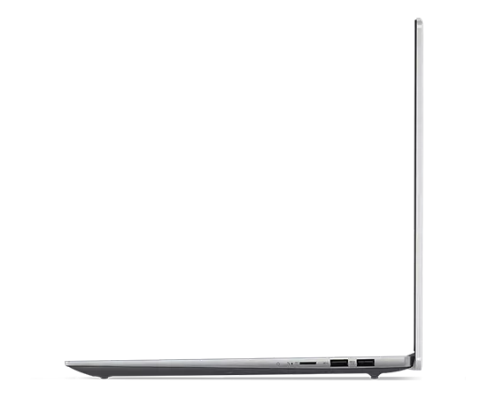 Bærbar PC med IdeaPad Slim 5i Gen 8 sett i profil fra høyre, åpen 90 grader, viser kanter av tastatur og toppdeksel og porter på høyre side