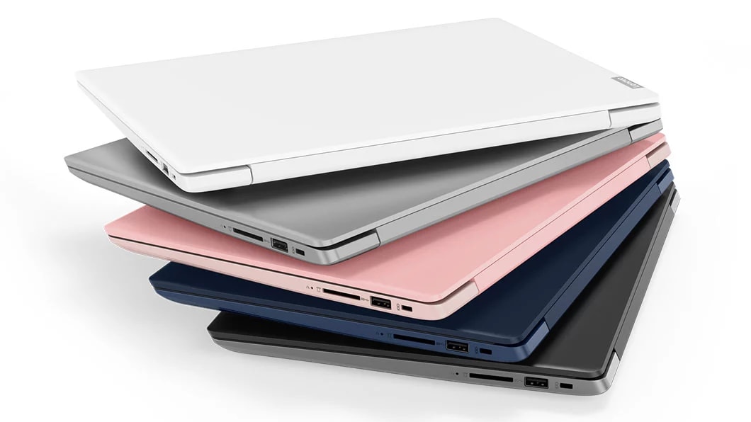 Lenovo Ideapad 330S (14, AMD) laptop, four models, closed, in Platinum Grey, Blizzard White, Midnight Blue, and Iron Grey.