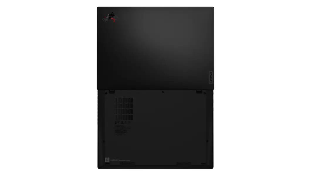 Bottom view of the ThinkPad X1 Nano laptop opened flat
