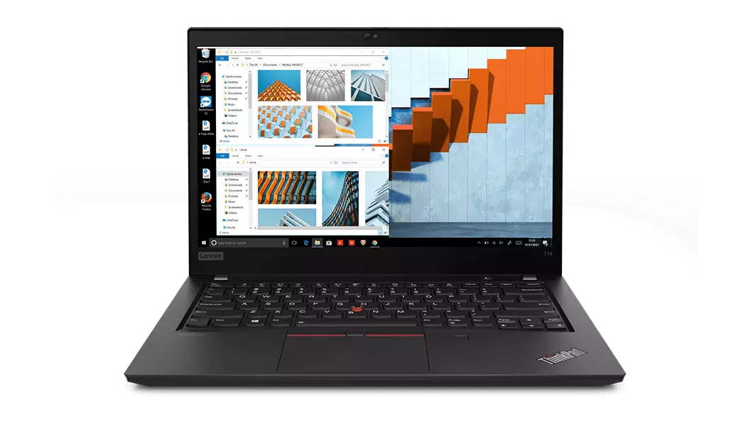 Front-facing Lenovo ThinkPad T14 Gen 2 (14, AMD) laptop open 90 degrees, showing keyboard, TrackPad, and display.