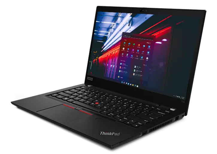 Lenovo ThinkPad T14 Gen 2 (14, AMD) open 90 degrees, angled to show right-side ports.