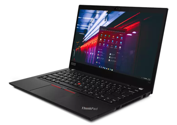 Lenovo ThinkPad T14 Gen 2 (14, AMD) open 90 degrees, angled to show right-side ports.