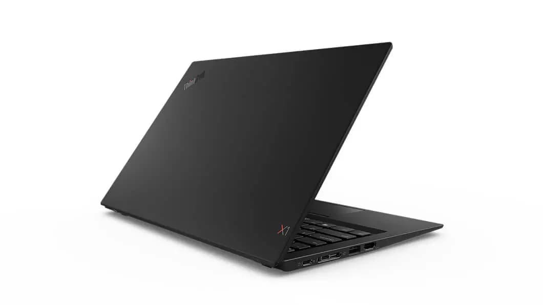 Backside view of top cover angled right, Lenovo ThinkPad X1 Carbon (6th Gen) in Black.