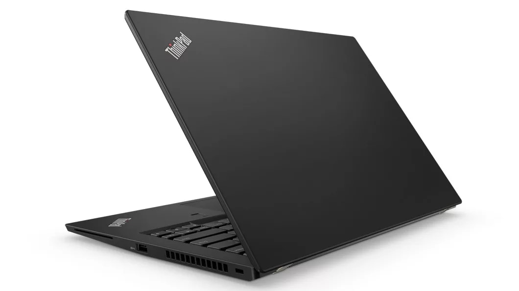 Lenovo ThinkPad T480S - Side-on view from the back with laptop slightly opened