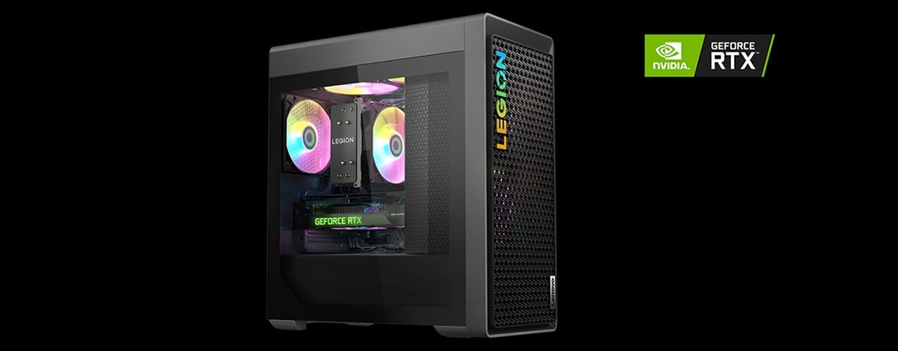 Front-left-corner view of the Legion Tower 5 Gen 8 (AMD), showing the mesh-vented front panel and optional glass side panel revealing the inside, including RGB lighting.