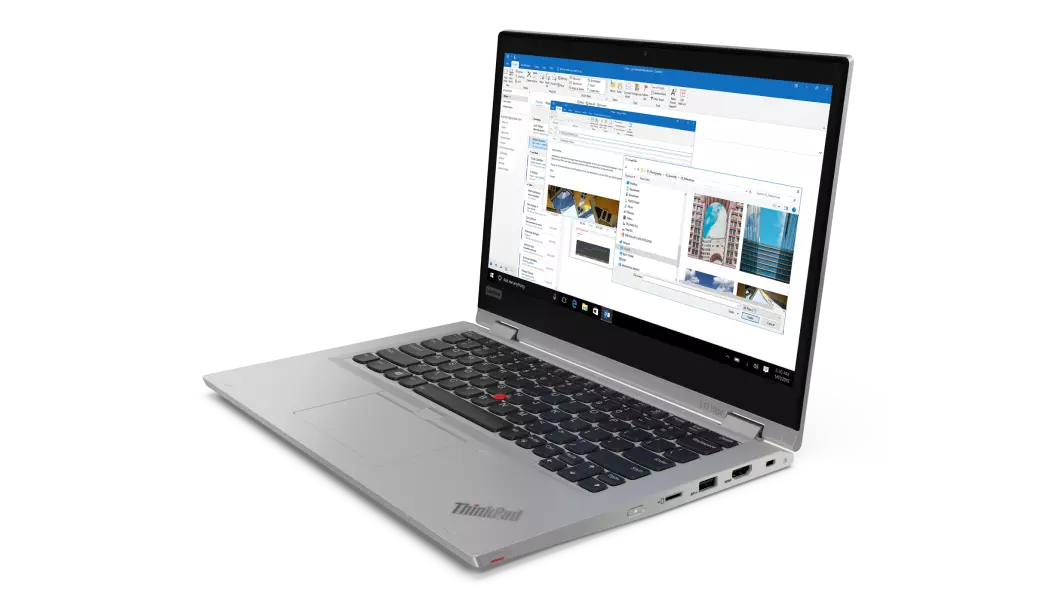 Left three-quarter view of silver Lenovo ThinkPad L13 Yoga Gen 2