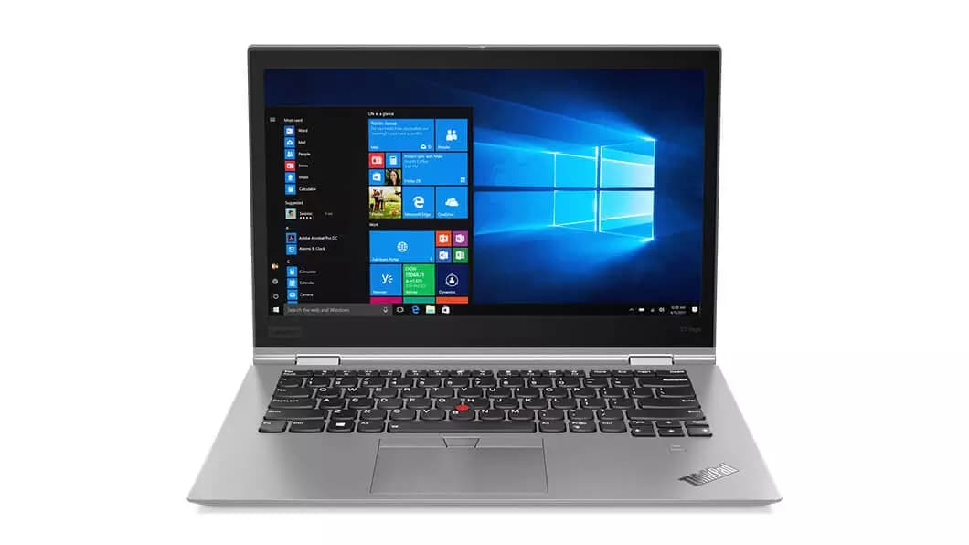 Thumbnail, Lenovo ThinkPad X1 Yoga (3rd Gen) front view in silver, with Windows 10 Pro.