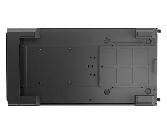 Low-angle, front-left corner view of the Legion Tower 5i Gen 8 (Intel) showing the standard left side panel, mesh-vented front bezel, and Legion logo.