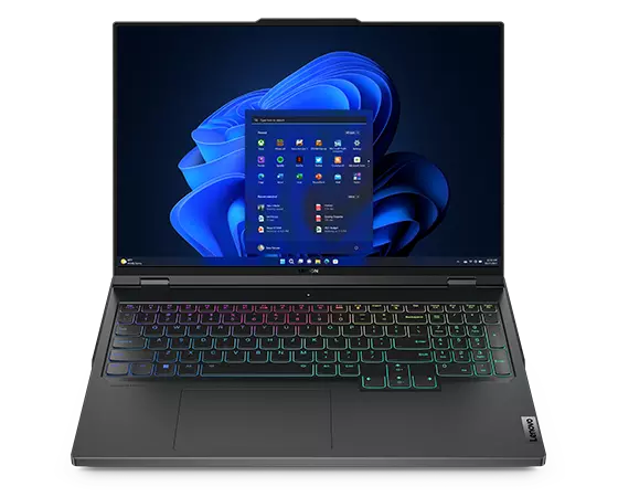 Legion Pro 7i Gen 8 (16" Intel) framifrån med tangentbordet och dess RGB-belysning
