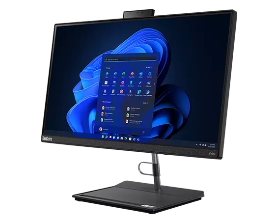 ThinkCentre Neo 30a (22" Intel) all-in-one business PC viewed eye-level from front-right corner, with pop-up webcam visible.