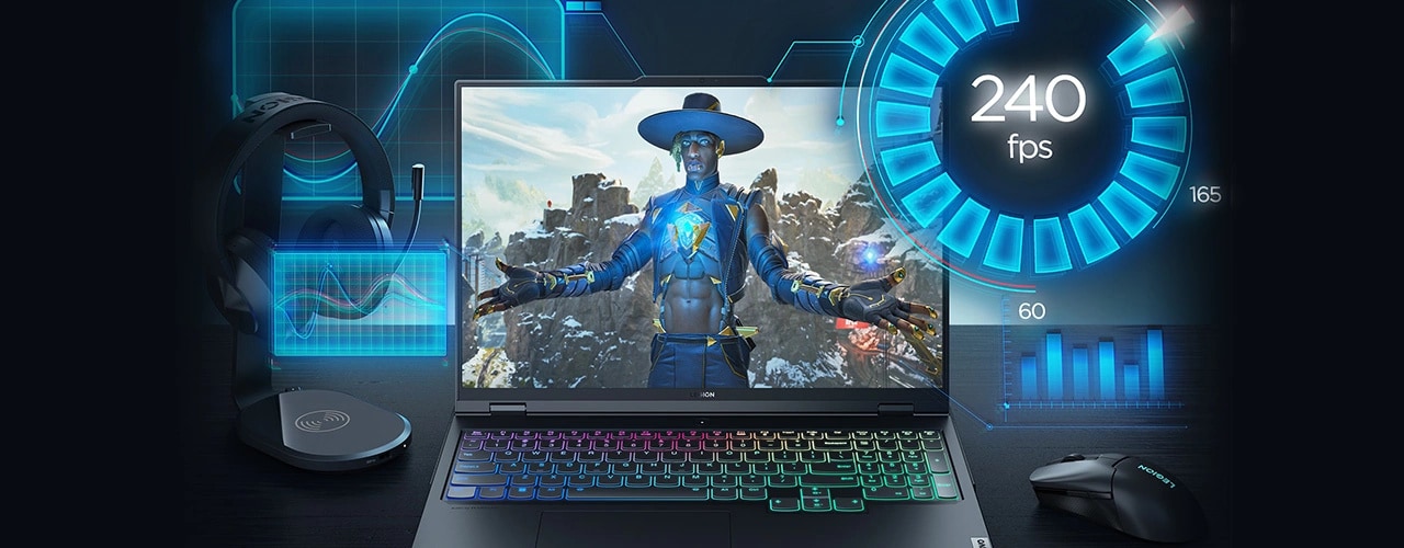 Legion Pro 7i Gen 8 (16” Intel) với chuột và tai nghe chơi game Legion và Apex Legends trên màn hình