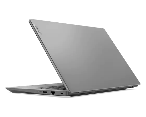 Achteraanzicht van de Lenovo V14 Gen 4-laptop in Arctic Grey, schuin om de rechterpoorten te tonen.