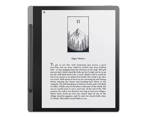 Front-facing Lenovo Smart Paper & Lenovo Smart Pen, with 10.3" E-Ink screen showing page of an e-book.