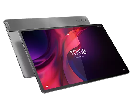 Due tablet Lenovo Tab Extreme, retro contro retro e leggermente inclinati, uno che mostra figure colorate sullo schermo, l'altro il coperchio posteriore