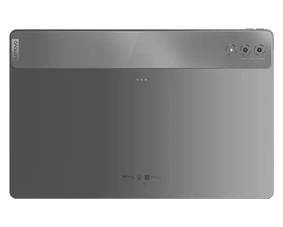 Vista dall'alto del tablet Lenovo Tab Extreme, completamente aperto, che mostra il coperchio posteriore, il logo Lenovo e le fotocamere rivolte all'esterno da 13 MP con messa a fuoco automatica e da 5 MP con messa a fuoco fissa