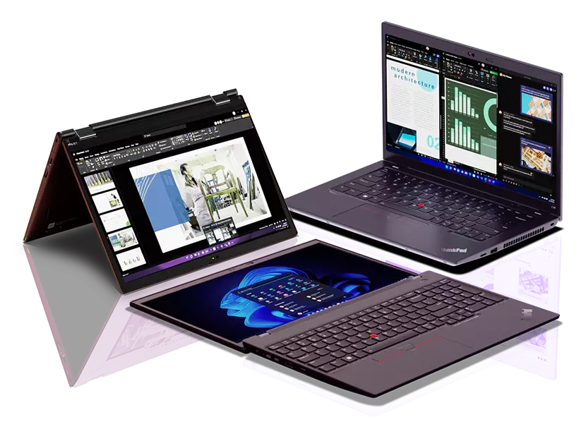 Three Lenovo ThinkPad L series laptops, side by side, one in tent mode showing display, one in laptop mode showing display & keyboard, one laid flat showing display & keyboard
