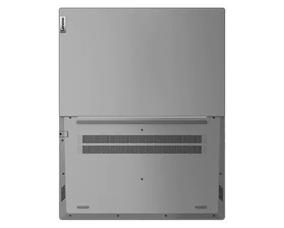 Bovenaanzicht van de Lenovo V15 Gen 4-laptop, 180 graden geopend, met onder- en bovenkant in Arctic Grey.