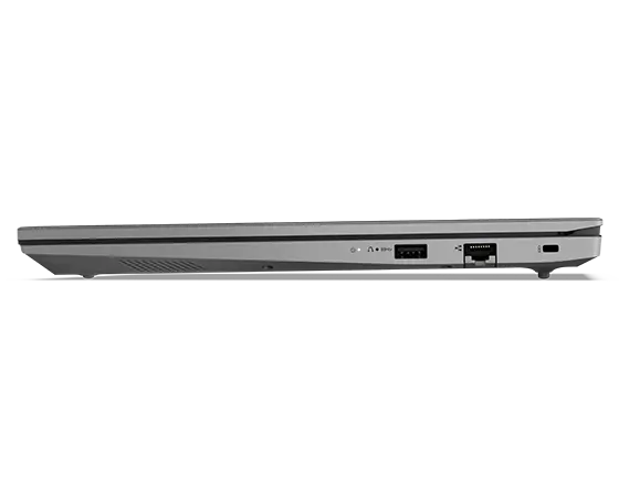 Rechterzijaanzicht van gesloten Lenovo V15 Gen 4-laptop in Arctic Grey.