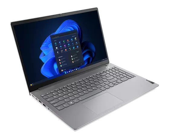 Lenovo ThinkBook 15 Gen 5 laptop open 90 degrees, angled slightly to show left-side ports.