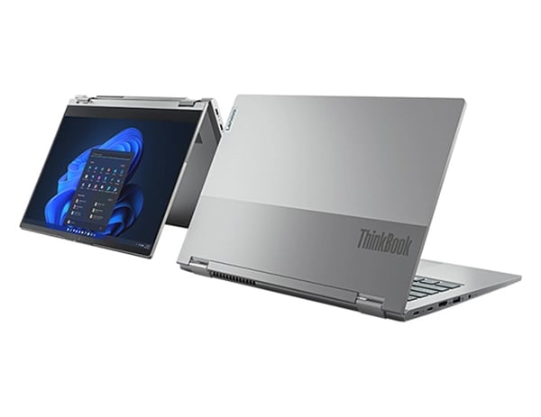 2 Lenovo ThinkBook 14s Yoga Gen 3 laptops, 1 front-facing in tent mode & 1 rear-facing in laptop mode, with dual-tone top cover.