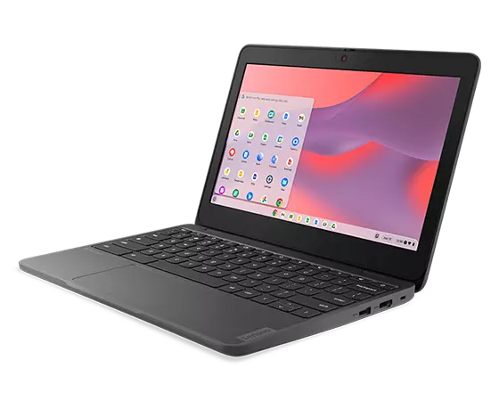 Side view of Lenovo 100e Chromebook Gen 4, at an angle, opened, showing display, keyboard, & right-side ports