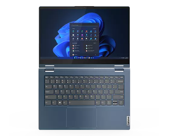 Overhead shot of Lenovo ThinkBook 14s Yoga Gen 3 2-in-1 in Abyss Blue, open 180° showing display & keyboard. 