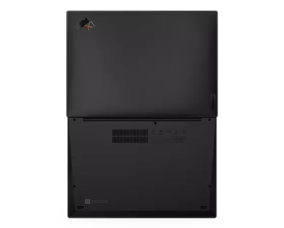 Overhead shot of Lenovo ThinkPad X1 Carbon Gen 11 laptop open 180 degrees, showing bottom & top cover with Carbon-Fiber Weave.