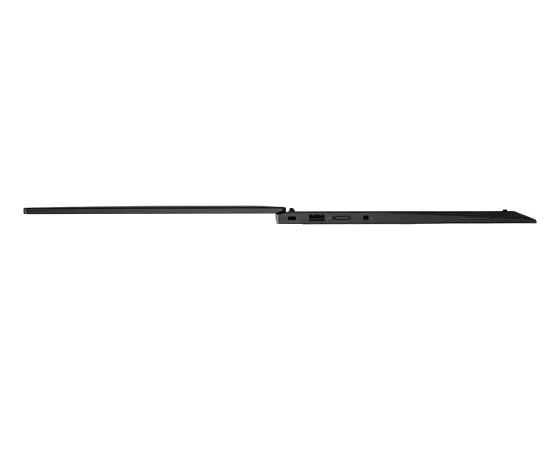 Profil gauche du portable Lenovo ThinkPad X1 Carbon Gen 11 ouvert à 180 degrés.
