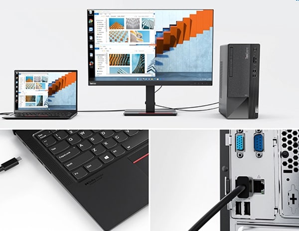 Photo illustration of the ThinkCentre Neo 50t Gen 4 (Intel) PC connected to other devices with the optional Smart Cable 