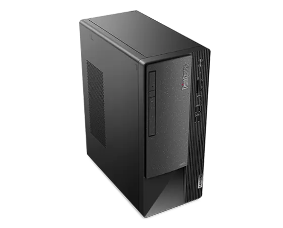 The front and left sides side of the ThinkCentre Neo 50t Gen 4 (Intel) business tower, viewed at eye-level