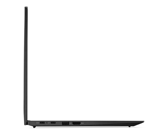 Lenovo ThinkPad X1 Carbon Gen 11 -kannettava avattuna ja vasemmalta kuvattuna, näkyvissä portit ja paikat.