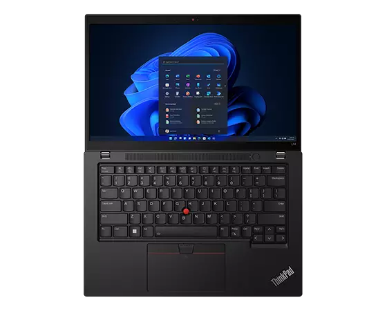 Portátil Lenovo ThinkPad L14 (4.ª geração) de 35,56 cm, (14" AMD): vista anterior superior, tampa aberta a 180 graus com a janela de pesquisa sobre um fundo de ondas azuis