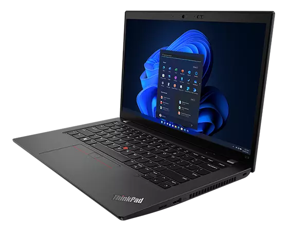 Lenovo ThinkPad L14 Gen 4 (14” AMD) laptop – front right view, lid open with search window over blue wavy background