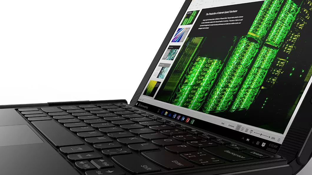 Nahaufnahme der anfügbaren Tastatur und der Bildschirmfalte des Lenovo ThinkPad X1 Fold
