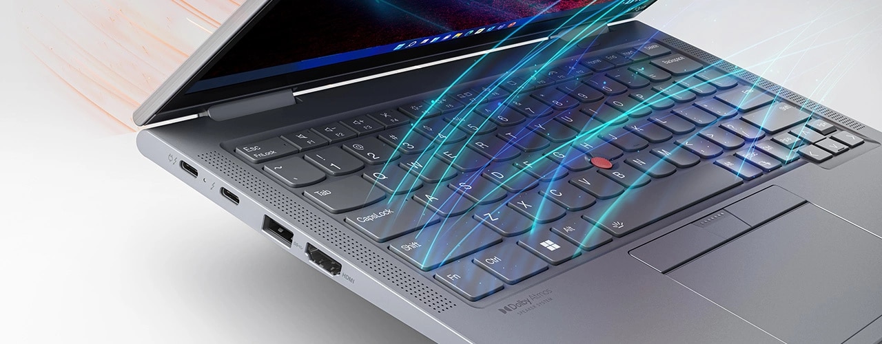 Lenovo ThinkPad X1 Yoga Gen 8 2-in-1-Notebook, Nahaufnahme der Tasten mit farbigen Linien, die den eingehenden Luftstrom andeuten.