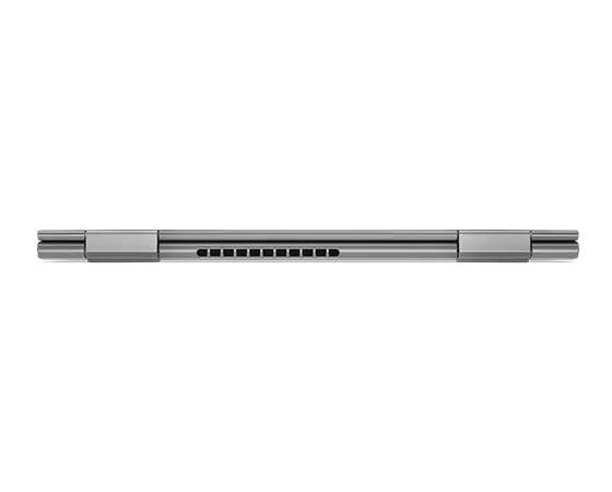 Vue de derrière du Lenovo ThinkPad X1 Yoga Gen 8 2-en-1, capot fermé, montrant les charnières et l’évent.
