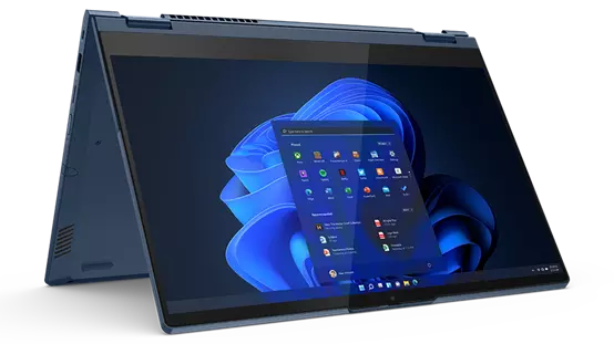 An abyss blue ThinkBook 14s Gen 2 convertible laptop shown in tent mode—perfect for working in groups or for leisure-time video streaming.