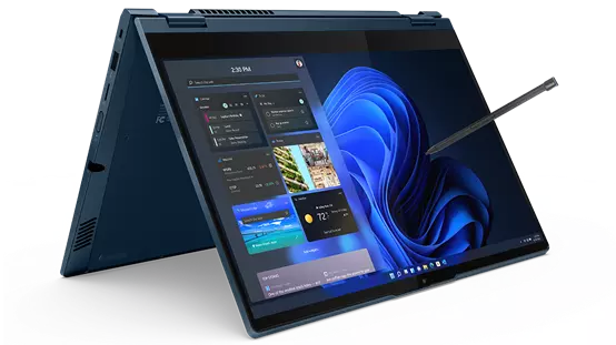 The 2-in-1 ThinkBook 14s Yoga Gen 2 laptop—abyss blue version—shown in tent mode with the included smart pen floating as being used with the touchscreen.