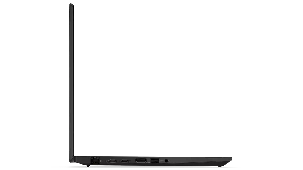 Side view of the right edge of ThinkPad P14s Gen 3 mobile workstation, opened 90-degrees, showing ports & display edge