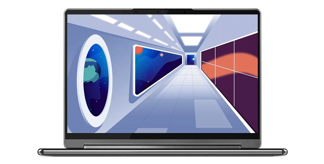 Front-facing Yoga 9i Gen 8 2-in-1 laptop, Storm Grey color, opened in laptop mode, showing display with animated space ship corridor