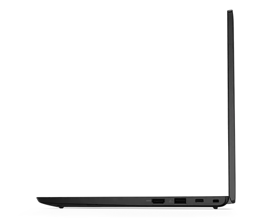 Perfil lateral direito do Lenovo Thinkpad L13 (4.ª geração) em modo de portátil, aberto a 90 graus.