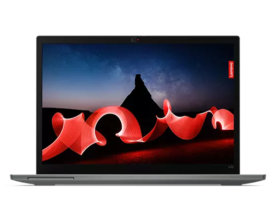 Storm Grey Front-facing Lenovo Thinkpad L13 Gen4 in laptop mode, showcasing its colorful 13 inch display