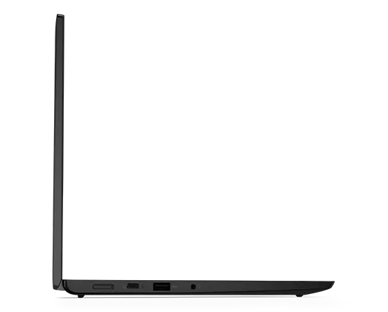 Perfil lateral esquerdo do Lenovo Thinkpad L13 (4.ª geração) em modo de portátil, aberto a 90 graus.