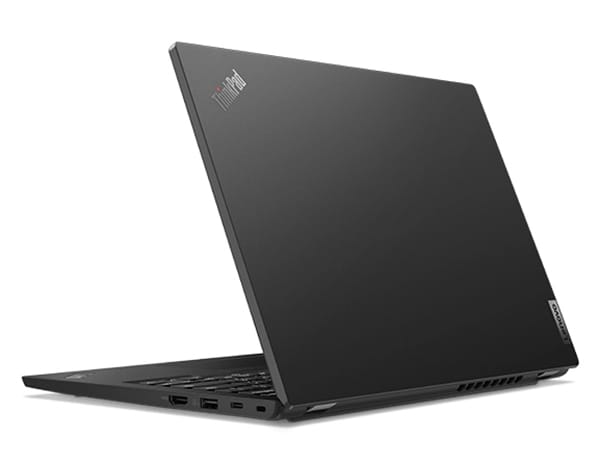 Rear view of the facing Lenovo Thinkpad L13 Gen4 with cover open, showcasing the Thunder Black cover